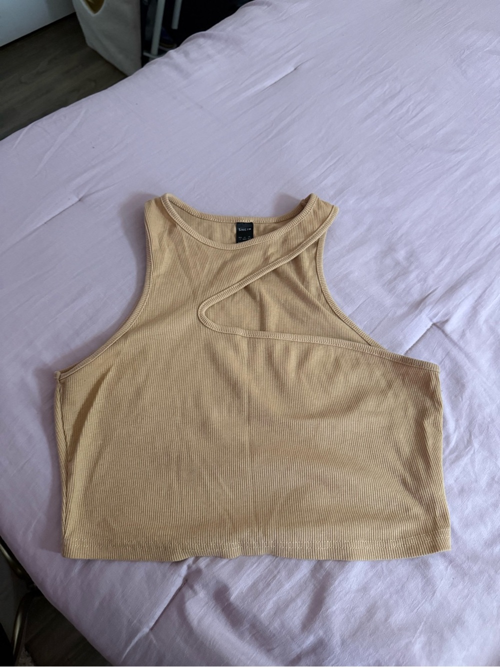 Ribbed Asymmetric Cutout Crop Tank Top - Beige